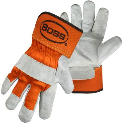 Protective Industrial Products 1JL2393 Premium Grade Split Cowhide Leather Double Palm Glove with Fabric Back - Rubberized Safety Cuff