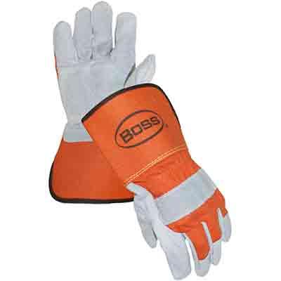 Protective Industrial Products 1JL2394 Premium Grade Split Cowhide Leather Double Palm Glove with Fabric Back - Rubberized Gauntlet Cuff