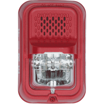 System sensor P2GRL L-Series, red, wall-mountable, clear lens, 2-wire, compact footprint that fits in a single gang box, horn strobe marked "FIRE". Selectable strobe settings: 15, 30, 75, 95, 110, 135, and 185 cd.