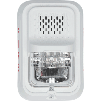 System sensor P2GWL L-Series, white, wall-mountable, clear lens, 2-wire, compact footprint that fits in a single gang box, horn strobe marked 