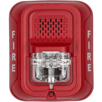 System sensor P4RL L-Series, red, wall-mountable, clear lens, 4-wire, horn strobe marked "FIRE". Selectable strobe settings: 15, 30, 75, 95,  110, 135, and 185 cd.