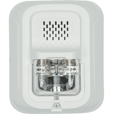 System sensor P2WL-P L-Series, white, wall-mountable, clear lens, 2-wire, horn strobe that is unmarked. Selectable strobe settings: 15, 30, 75, 95,  110, 135, and 185 cd.