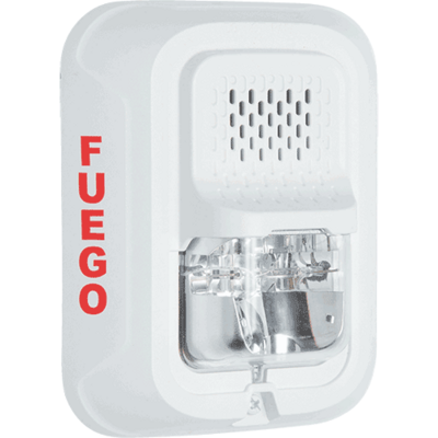 System sensor P2WL-SP L-Series, white, wall-mountable, clear lens, 2-wire, horn strobe marked "FUEGO". Selectable strobe settings: 15, 30, 75, 95,  110, 135, and 185 cd.