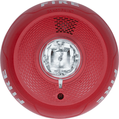 System sensor PC4RL L-Series, red, ceiling-mountable, clear lens, 4-wire, horn strobe marked "FIRE". Selectable strobe settings: 15, 30, 75, 95, 115, 150 and 177 cd.