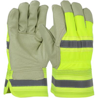 Protective Industrial Products HVY5555 Pigskin Leather Palm Glove with Hi-Vis Nylon Back and White Thermal Lining - Rubberized Safety Cuff