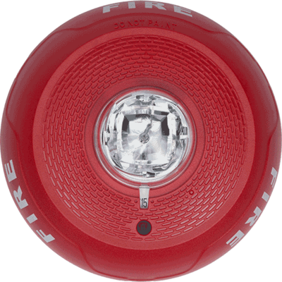 System sensor SCRL L-Series, red, ceiling-mountable, clear lens, strobe marked "FIRE". Selectable strobe settings: 15, 30, 75, 95, 115, 150, and 177 cd.