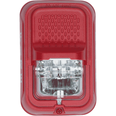 System sensor SGRL L-Series, red, wall-mountable, clear lens, 2-wire, compact footprint that fits in a single gang box, strobe marked "FIRE". Selectable strobe settings: 15, 30, 75, 95, 110, 135, and 185 cd.