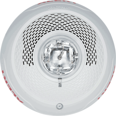 System sensor SPSCWL-CLR-ALERT L-Series, white, ceiling-mountable, clear lens, speaker strobe marked 