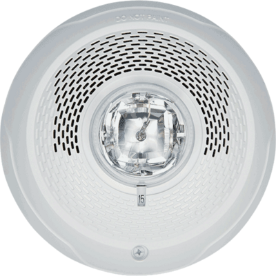 System sensor SPSCWL-P L-Series, white, ceiling-mountable, clear lens, speaker strobe that is unmarked. Selectable strobe settings: 15, 30, 75, 95, 110, 135, and 185 cd.