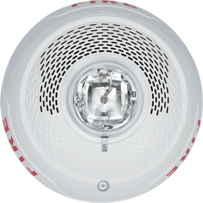 System sensor SPSCWL L-Series, white, ceiling-mountable, clear lens speaker strobe marked "FIRE". Selectable strobe settings: 15, 30, 75, 95, 115, 150, and 177 cd.