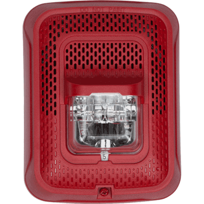 System sensor SPSRL-P L-Series, red, wall-mountable, clear lens, speaker strobe that is unmarked. Selectable strobe settings: 15, 30, 75, 95, 110, 135, and 185 cd.