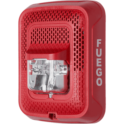 System sensor SPSRL-SP L-Series, red, wall-mountable, clear lens, speaker strobe marked "FUEGO". Selectable strobe settings: 15, 30, 75, 95, 110, 135, and 185 cd.