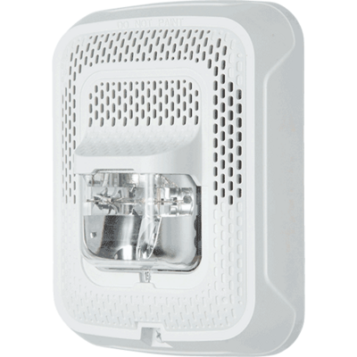 System sensor SPSWL-P L-Series, white, wall-mountable, clear lens, speaker strobe that is umarked. Selectable strobe settings: 15, 30, 75, 95, 110, 135, and 185 cd.