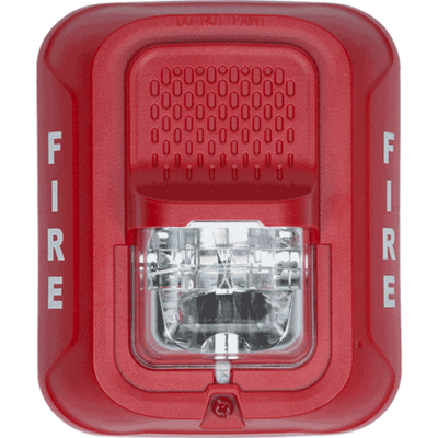 System sensor SRL L-Series, red, wall-mounted, clear lens, strobe marked "FIRE". Selectable strobe settings: 15, 30, 75, 95, 110, 135, and 185 cd.